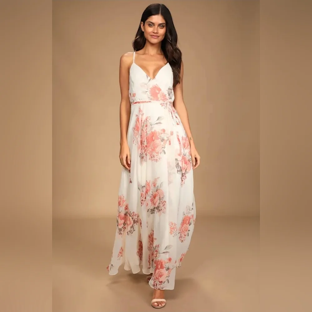Lulus Elegantly Inclined Cream Floral Print Wrap Maxi Dress White - Size M - Picture 4 of 7